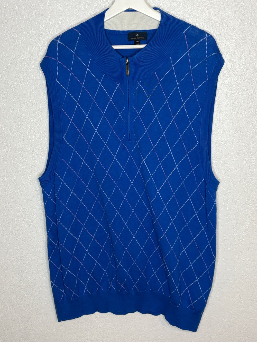 Brooks Brothers Blue Argyle 1/4 Zip Cotton Sweater Vest Size XXL Classic Office